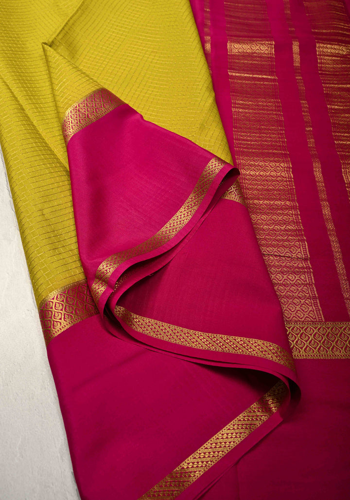 Moss Green Pure Mysore Silk Saree with Podi-Kattam Zari Checks and Contrast Zari Border in KSIC Grade Thickness | SILK MARK CERTIFIED