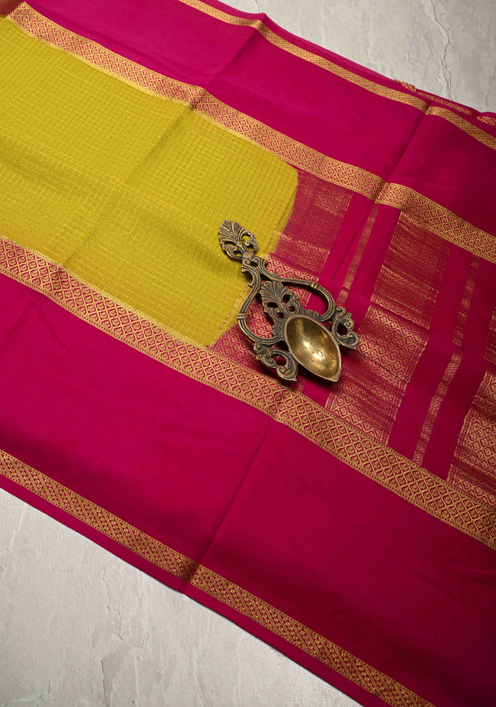 Moss Green Pure Mysore Silk Saree with Podi-Kattam Zari Checks and Contrast Zari Border in KSIC Grade Thickness | SILK MARK CERTIFIED