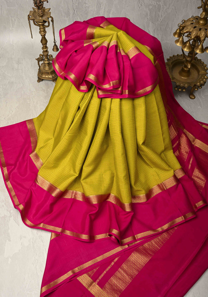 Moss Green Pure Mysore Silk Saree with Podi-Kattam Zari Checks and Contrast Zari Border in KSIC Grade Thickness | SILK MARK CERTIFIED