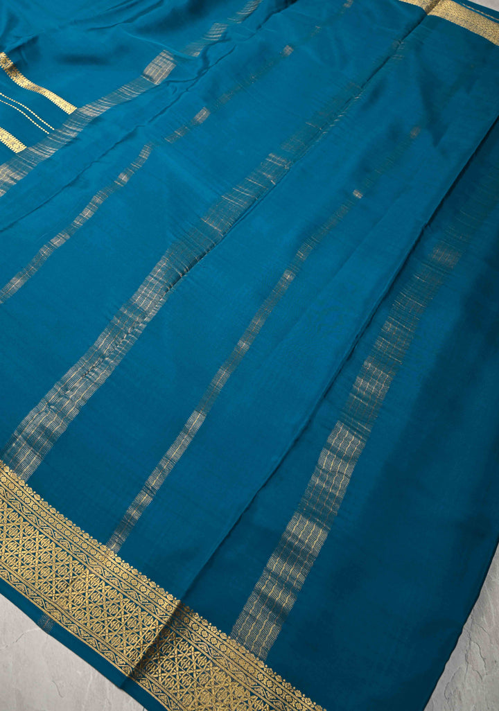 Dark Teal Mysore Silk Saree with Horizontal Zari Stripes and Zari Borders in KSIC Grade Thickness | SILK MARK CERTIFIED