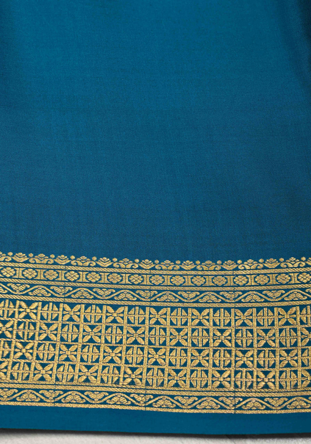 Dark Teal Mysore Silk Saree with Horizontal Zari Stripes and Zari Borders in KSIC Grade Thickness | SILK MARK CERTIFIED