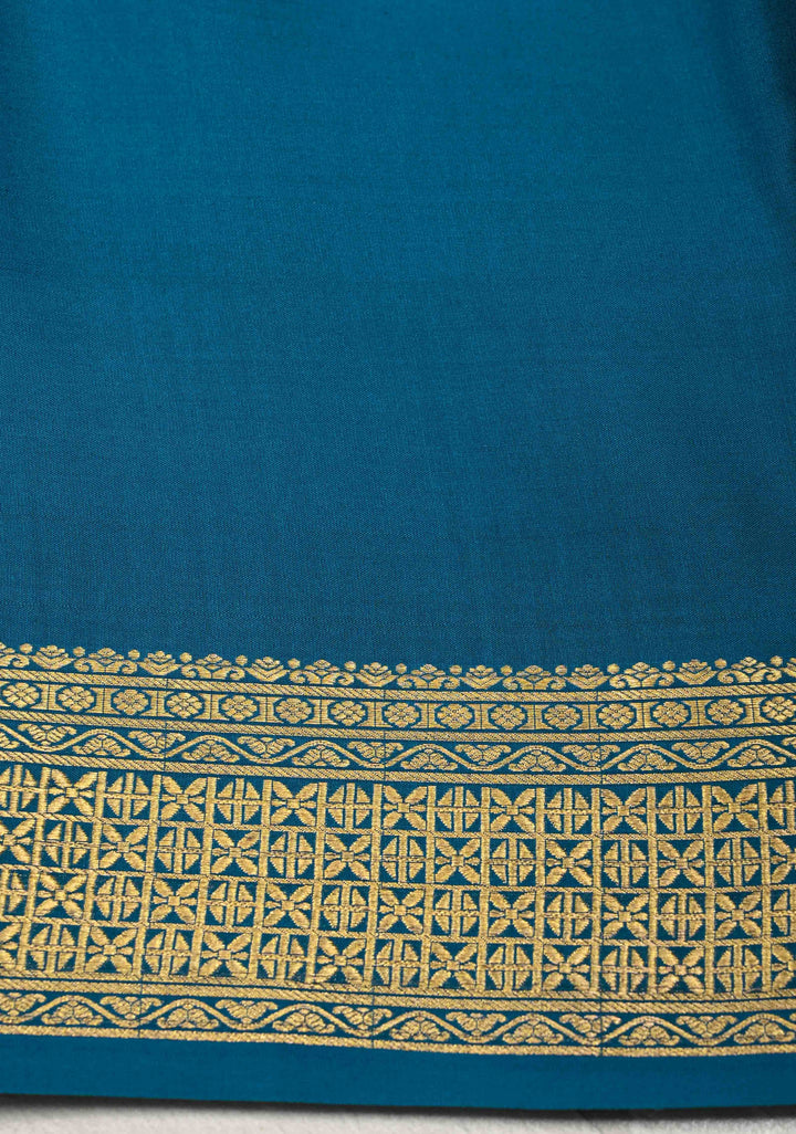 Dark Teal Mysore Silk Saree with Horizontal Zari Stripes and Zari Borders in KSIC Grade Thickness | SILK MARK CERTIFIED