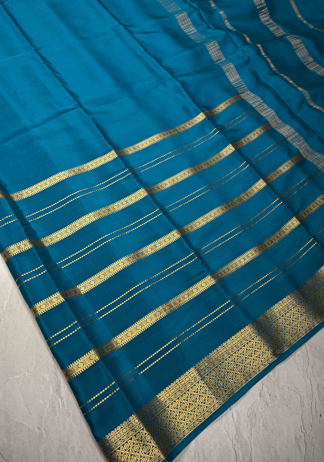 Dark Teal Mysore Silk Saree with Horizontal Zari Stripes and Zari Borders in KSIC Grade Thickness | SILK MARK CERTIFIED