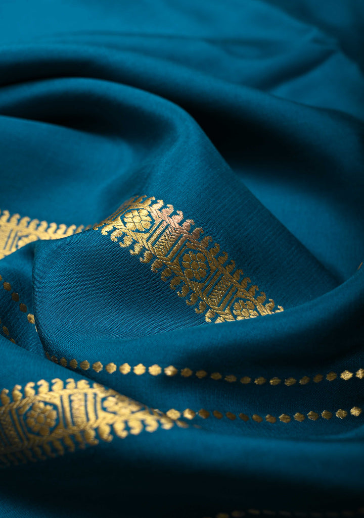 Dark Teal Mysore Silk Saree with Horizontal Zari Stripes and Zari Borders in KSIC Grade Thickness | SILK MARK CERTIFIED