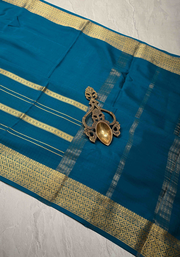 Dark Teal Mysore Silk Saree with Horizontal Zari Stripes and Zari Borders in KSIC Grade Thickness | SILK MARK CERTIFIED