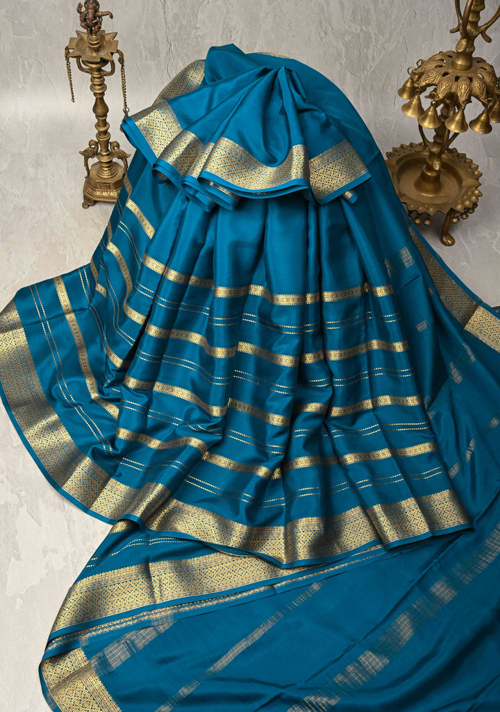 Dark Teal Mysore Silk Saree with Horizontal Zari Stripes and Zari Borders in KSIC Grade Thickness | SILK MARK CERTIFIED