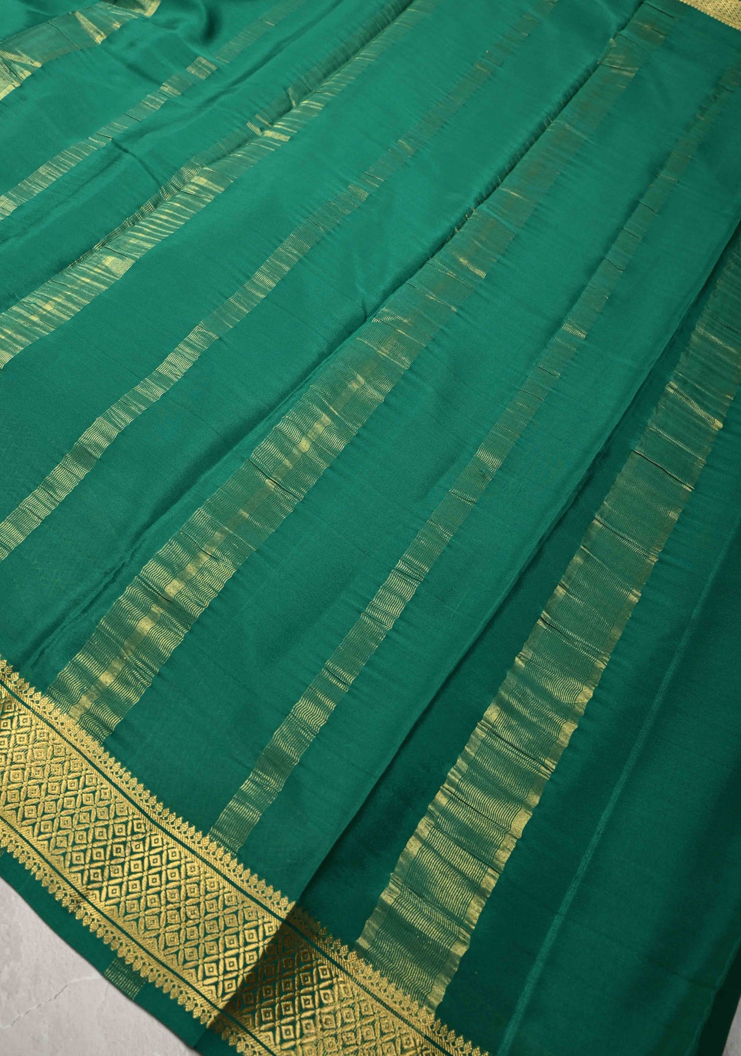 Emerald Green Mysore Silk Saree with Horizontal Zari Panel and Zari Borders in KSIC Grade Thickness | SILK MARK CERTIFIED
