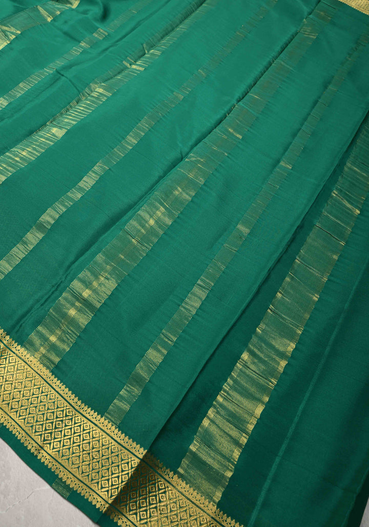 Emerald Green Mysore Silk Saree with Horizontal Zari Panel and Zari Borders in KSIC Grade Thickness | SILK MARK CERTIFIED
