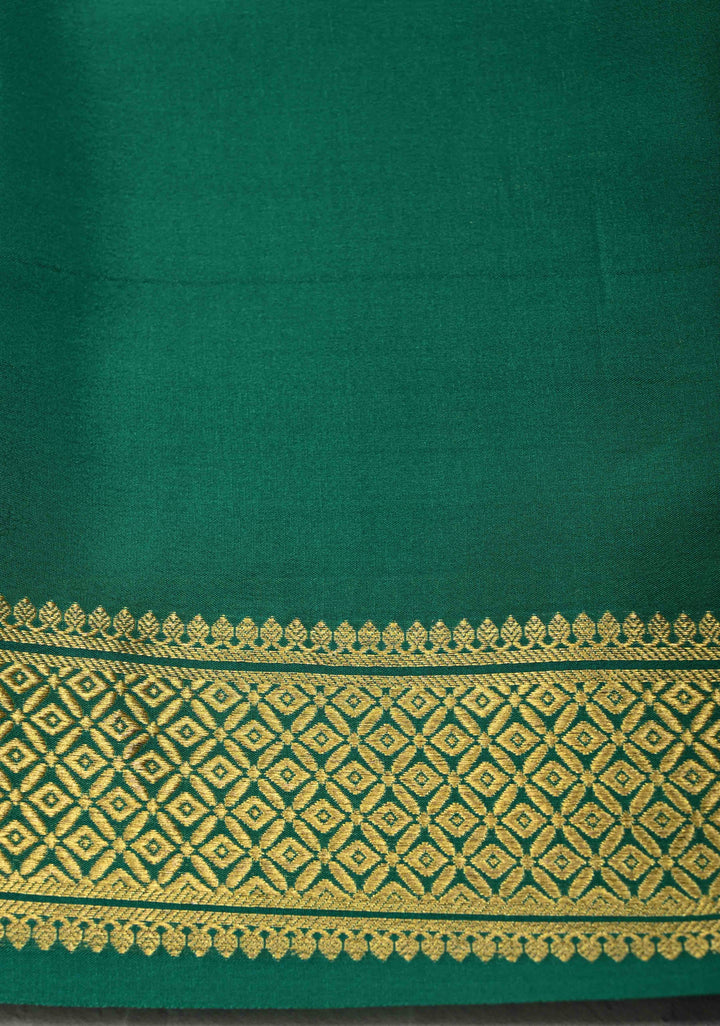 Emerald Green Mysore Silk Saree with Horizontal Zari Panel and Zari Borders in KSIC Grade Thickness | SILK MARK CERTIFIED