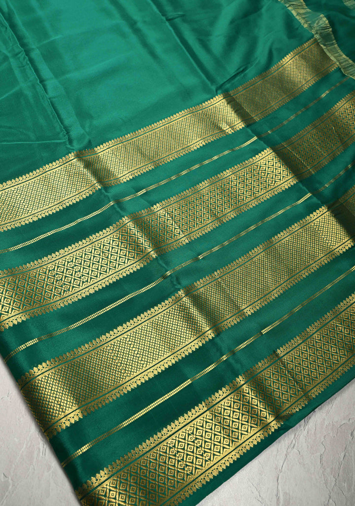 Emerald Green Mysore Silk Saree with Horizontal Zari Panel and Zari Borders in KSIC Grade Thickness | SILK MARK CERTIFIED