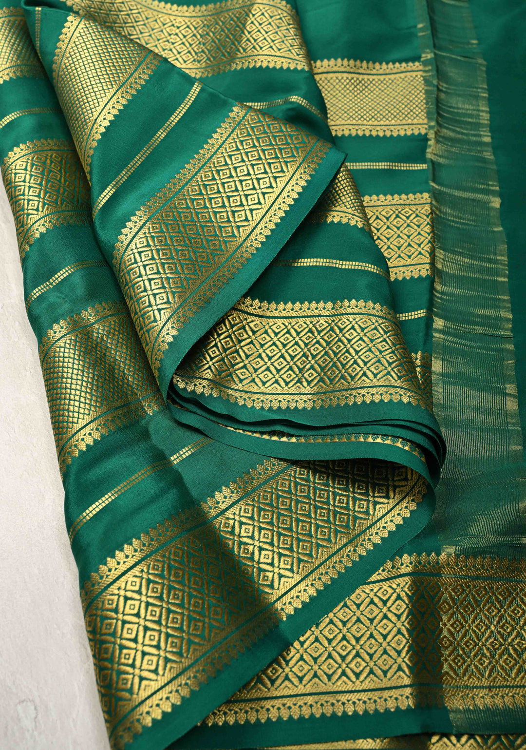 Emerald Green Mysore Silk Saree with Horizontal Zari Panel and Zari Borders in KSIC Grade Thickness | SILK MARK CERTIFIED