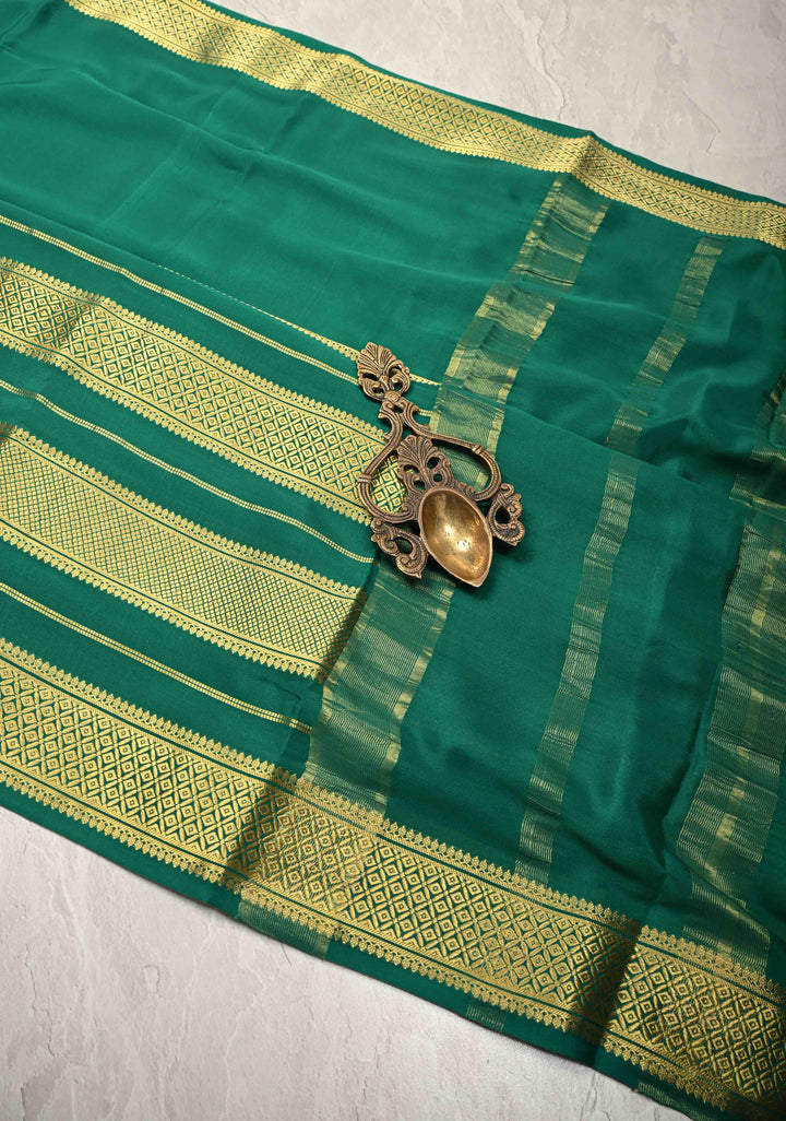 Emerald Green Mysore Silk Saree with Horizontal Zari Panel and Zari Borders in KSIC Grade Thickness | SILK MARK CERTIFIED