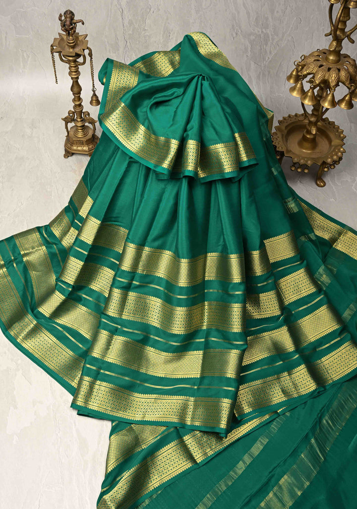 Emerald Green Mysore Silk Saree with Horizontal Zari Panel and Zari Borders in KSIC Grade Thickness | SILK MARK CERTIFIED