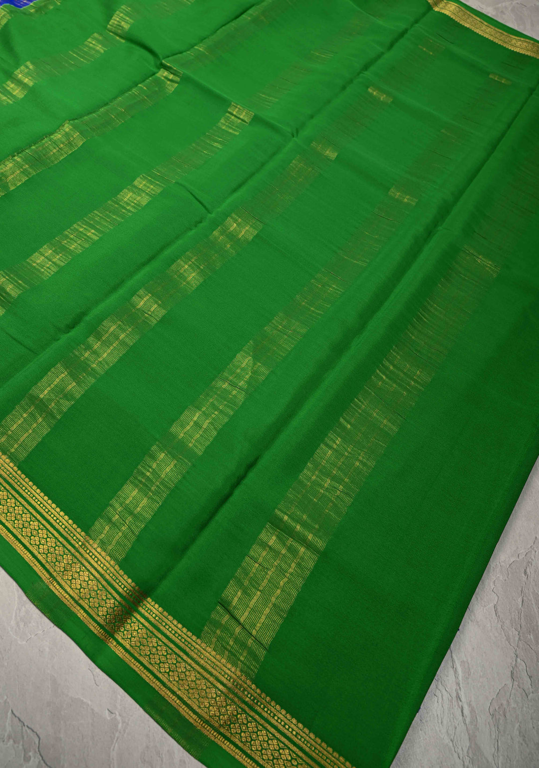 Royal Blue Mysore Silk Saree with Horizontal Zari Stripes and Contrast Zari Borders in KSIC Grade Thickness | SILK MARK CERTIFIED