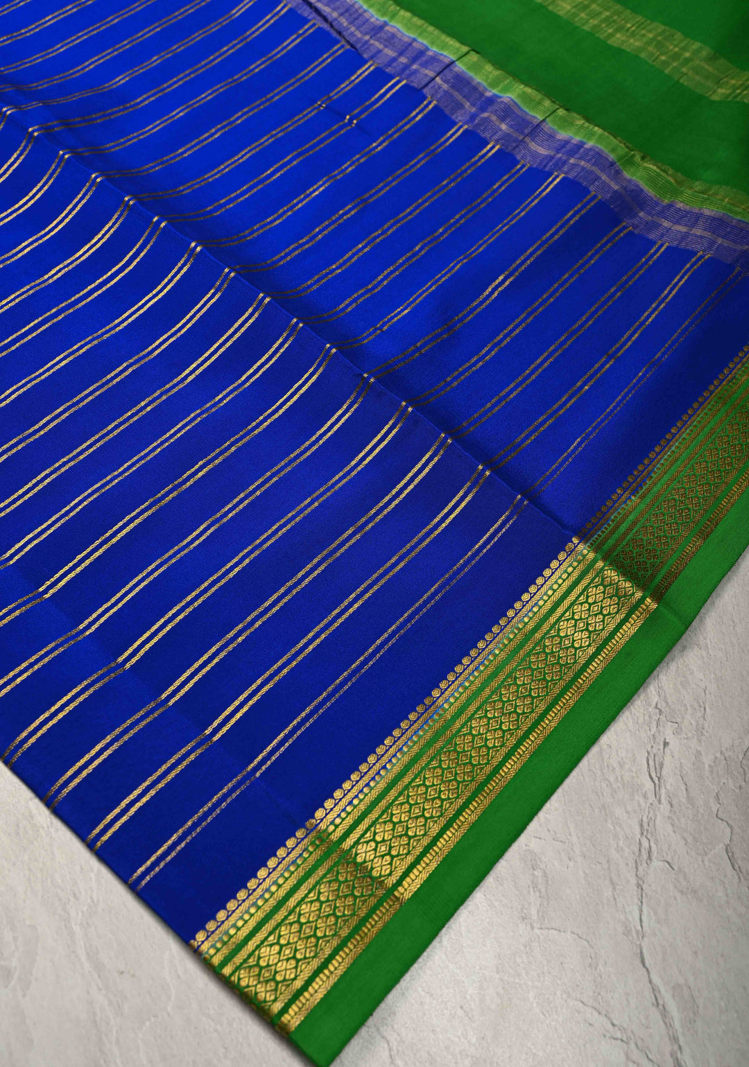 Royal Blue Mysore Silk Saree with Horizontal Zari Stripes and Contrast Zari Borders in KSIC Grade Thickness | SILK MARK CERTIFIED
