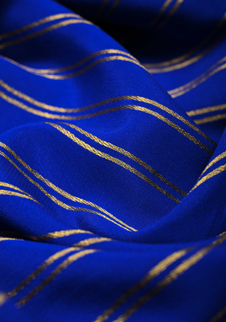 Royal Blue Mysore Silk Saree with Horizontal Zari Stripes and Contrast Zari Borders in KSIC Grade Thickness | SILK MARK CERTIFIED