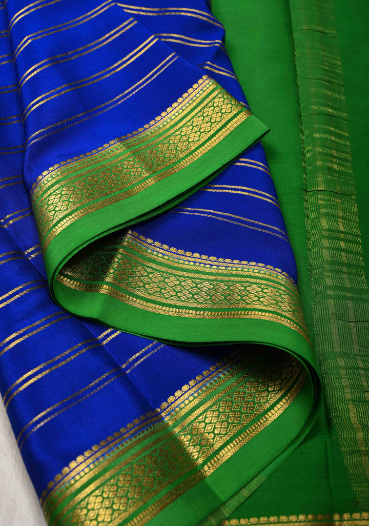 Royal Blue Mysore Silk Saree with Horizontal Zari Stripes and Contrast Zari Borders in KSIC Grade Thickness | SILK MARK CERTIFIED