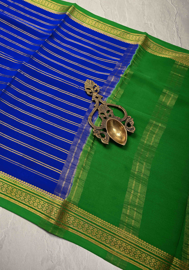 Royal Blue Mysore Silk Saree with Horizontal Zari Stripes and Contrast Zari Borders in KSIC Grade Thickness | SILK MARK CERTIFIED