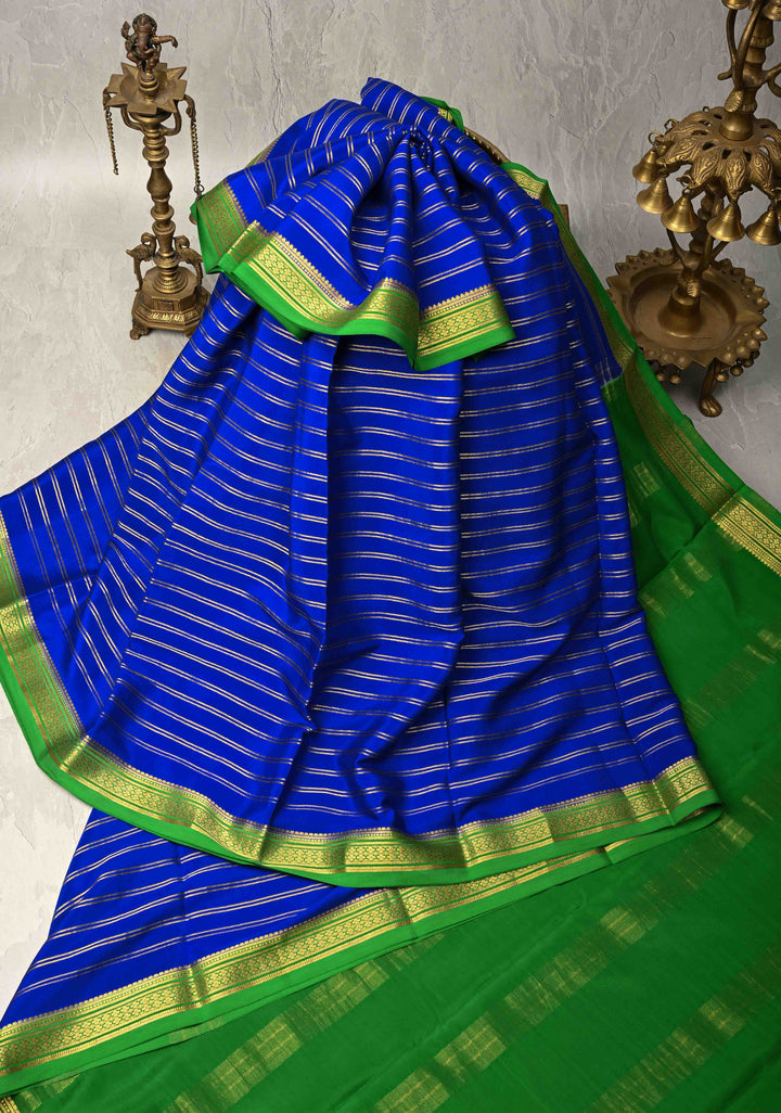 Royal Blue Mysore Silk Saree with Horizontal Zari Stripes and Contrast Zari Borders in KSIC Grade Thickness | SILK MARK CERTIFIED