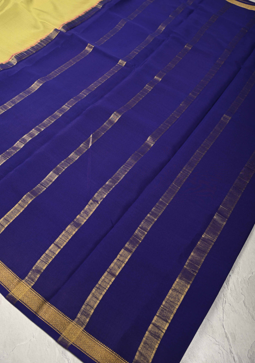 Light Olive Green-Ink Purple Mysore Silk Saree with Zari Borders in KSIC Grade Thickness | SILK MARK CERTIFIED