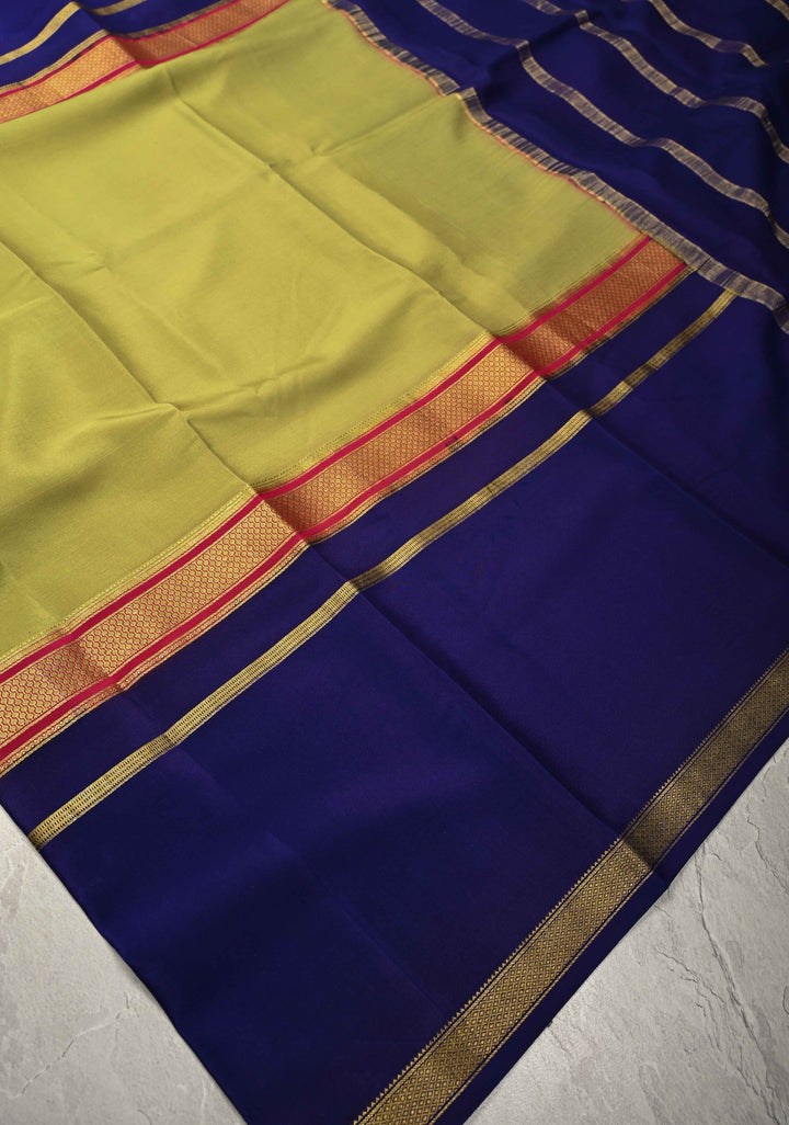 Light Olive Green-Ink Purple Mysore Silk Saree with Zari Borders in KSIC Grade Thickness | SILK MARK CERTIFIED