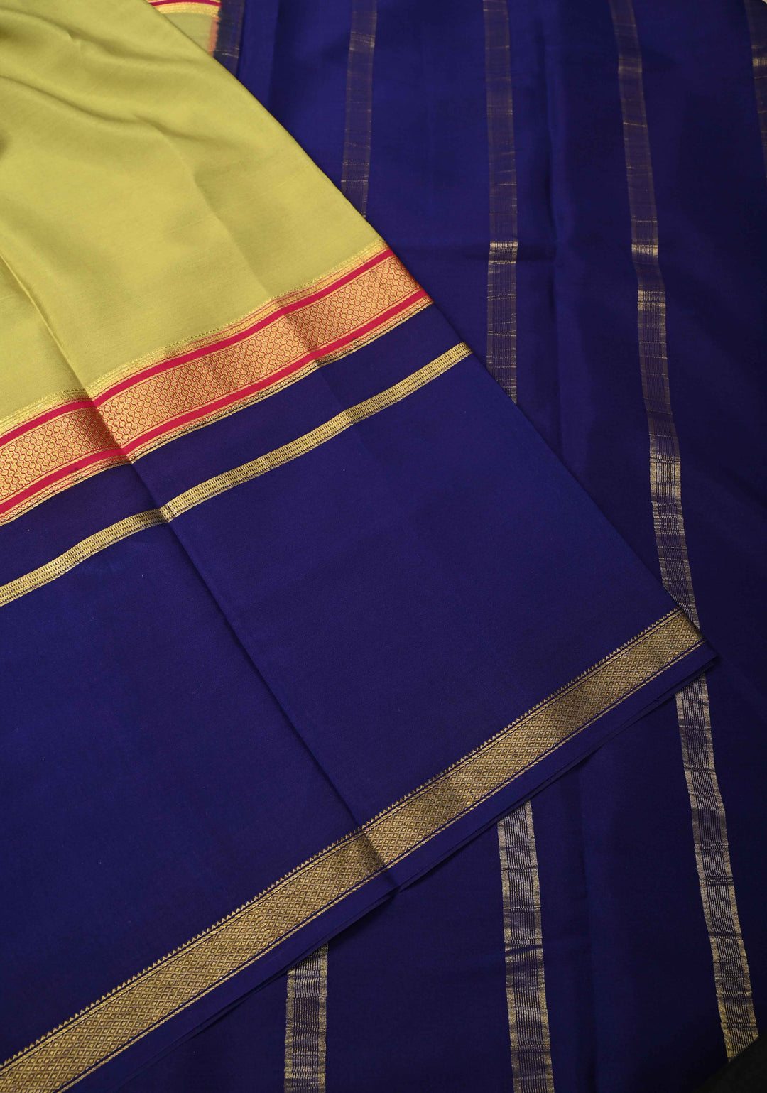 Light Olive Green-Ink Purple Mysore Silk Saree with Zari Borders in KSIC Grade Thickness | SILK MARK CERTIFIED