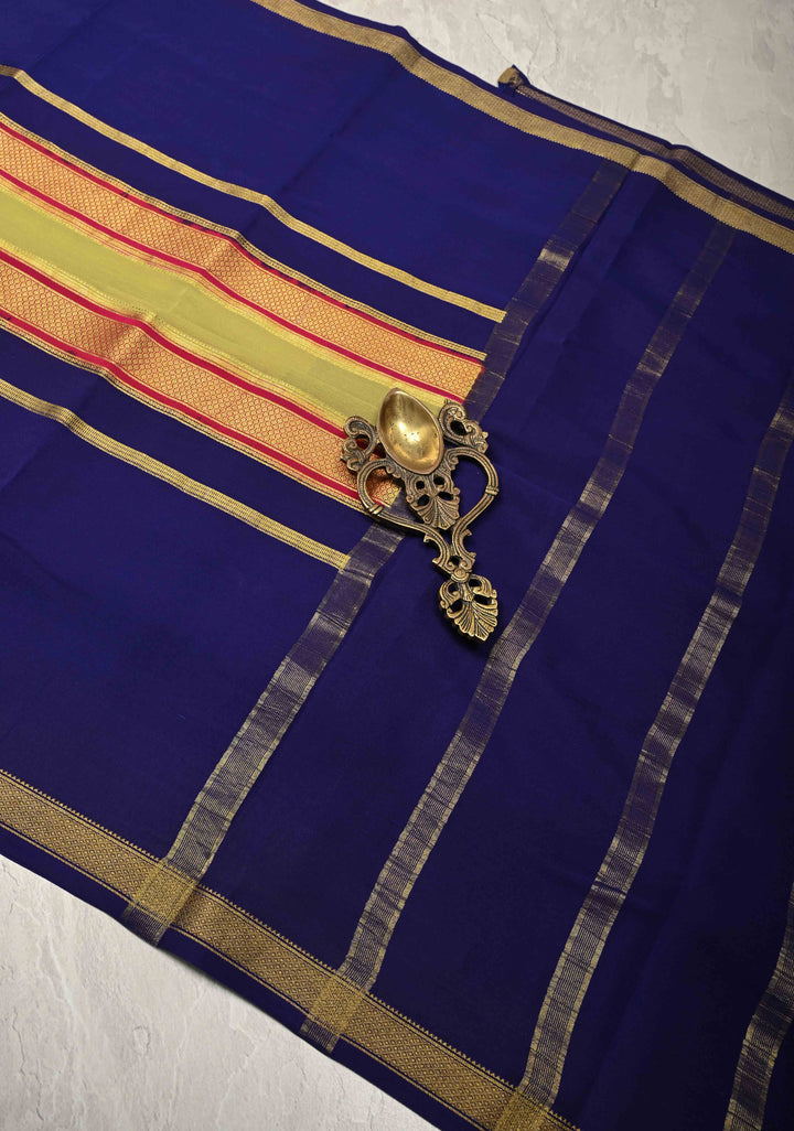 Light Olive Green-Ink Purple Mysore Silk Saree with Zari Borders in KSIC Grade Thickness | SILK MARK CERTIFIED