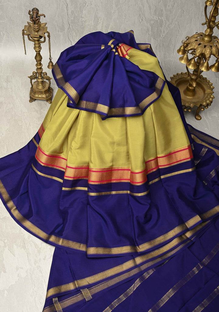 Light Olive Green-Ink Purple Mysore Silk Saree with Zari Borders in KSIC Grade Thickness | SILK MARK CERTIFIED