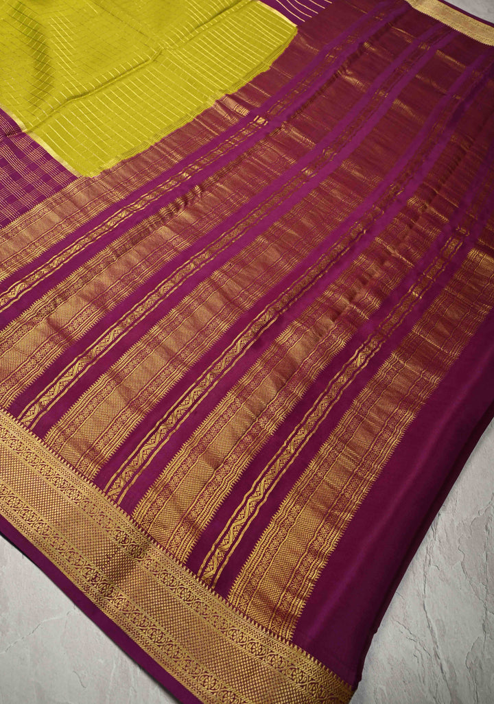 Plum-Moss Green Panel Design on Pure Mysore Silk Saree with Zari Checks and Zari Border in KSIC Grade Thickness | SILK MARK CERTIFIED