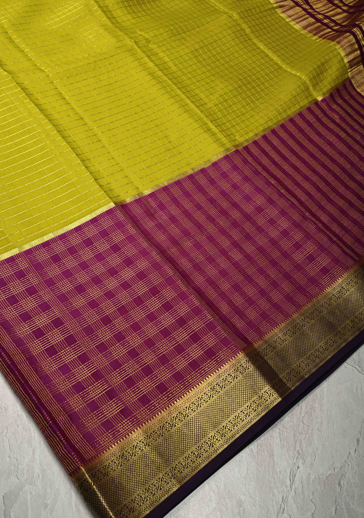 Plum-Moss Green Panel Design on Pure Mysore Silk Saree with Zari Checks and Zari Border in KSIC Grade Thickness | SILK MARK CERTIFIED