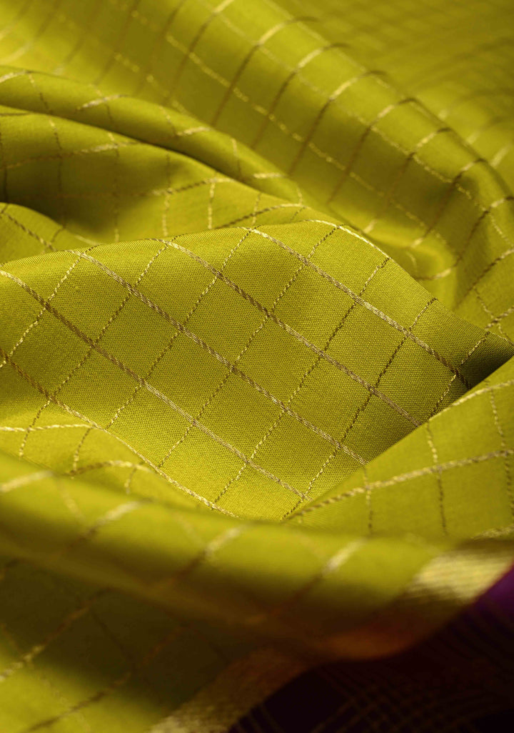 Plum-Moss Green Panel Design on Pure Mysore Silk Saree with Zari Checks and Zari Border in KSIC Grade Thickness | SILK MARK CERTIFIED