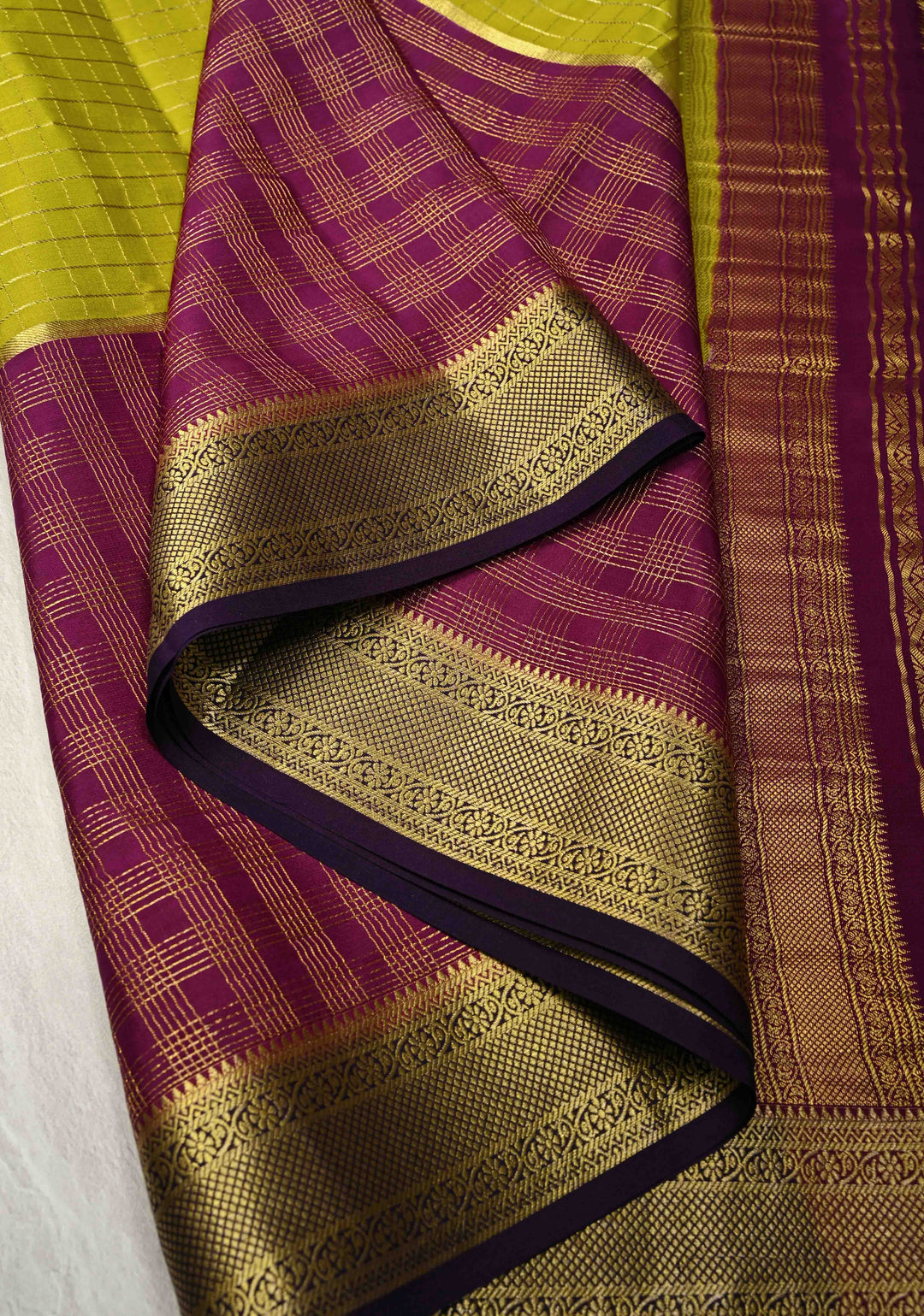 Plum-Moss Green Panel Design on Pure Mysore Silk Saree with Zari Checks and Zari Border in KSIC Grade Thickness | SILK MARK CERTIFIED