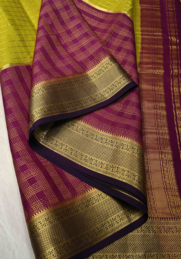 Plum-Moss Green Panel Design on Pure Mysore Silk Saree with Zari Checks and Zari Border in KSIC Grade Thickness | SILK MARK CERTIFIED