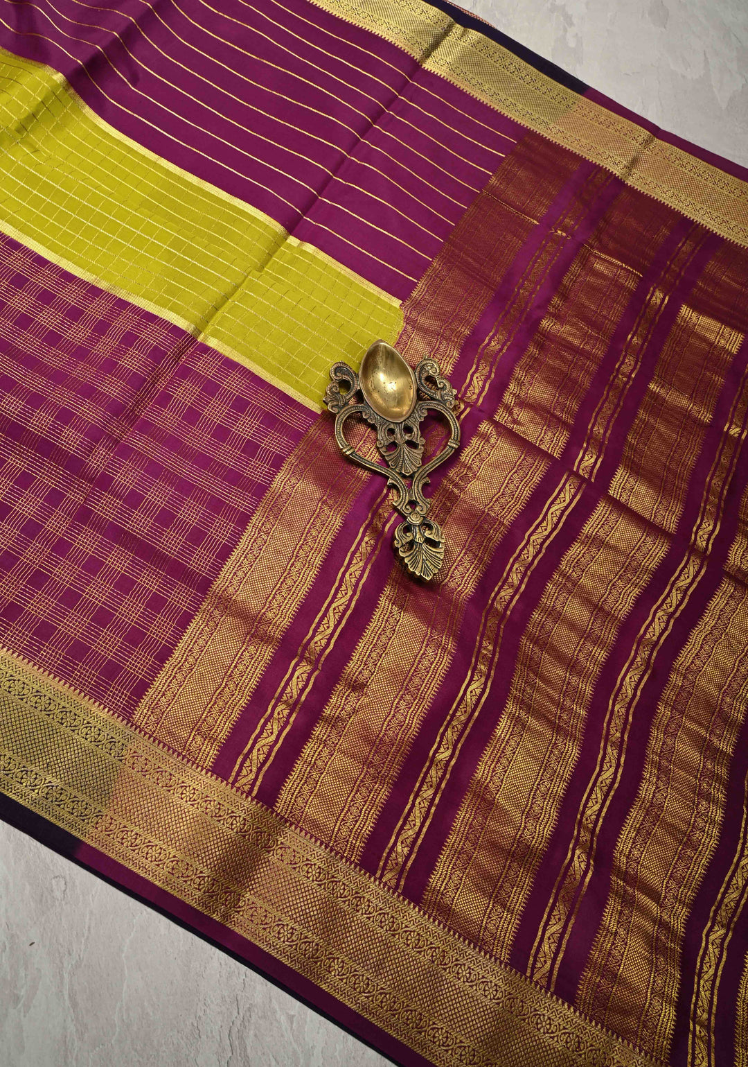 Plum-Moss Green Panel Design on Pure Mysore Silk Saree with Zari Checks and Zari Border in KSIC Grade Thickness | SILK MARK CERTIFIED