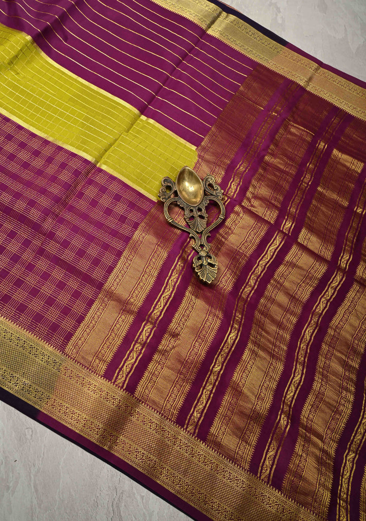 Plum-Moss Green Panel Design on Pure Mysore Silk Saree with Zari Checks and Zari Border in KSIC Grade Thickness | SILK MARK CERTIFIED