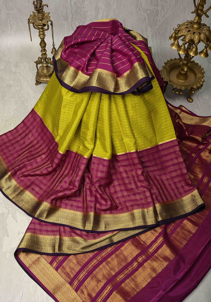 Plum-Moss Green Panel Design on Pure Mysore Silk Saree with Zari Checks and Zari Border in KSIC Grade Thickness | SILK MARK CERTIFIED