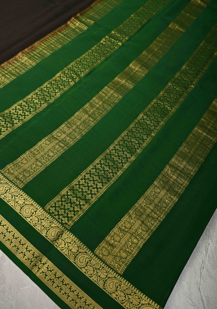 Brownish Black Mysore Silk Saree with Contrast Rettaipet Zari Borders in KSIC Grade Thickness | SILK MARK CERTIFIED