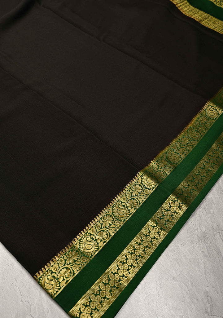 Brownish Black Mysore Silk Saree with Contrast Rettaipet Zari Borders in KSIC Grade Thickness | SILK MARK CERTIFIED