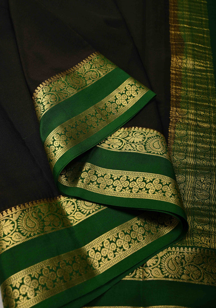 Brownish Black Mysore Silk Saree with Contrast Rettaipet Zari Borders in KSIC Grade Thickness | SILK MARK CERTIFIED
