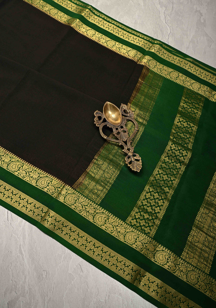 Brownish Black Mysore Silk Saree with Contrast Rettaipet Zari Borders in KSIC Grade Thickness | SILK MARK CERTIFIED