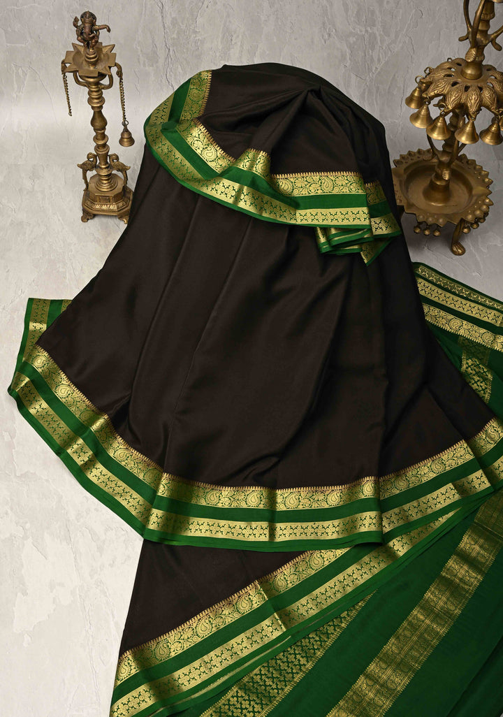 Brownish Black Mysore Silk Saree with Contrast Rettaipet Zari Borders in KSIC Grade Thickness | SILK MARK CERTIFIED