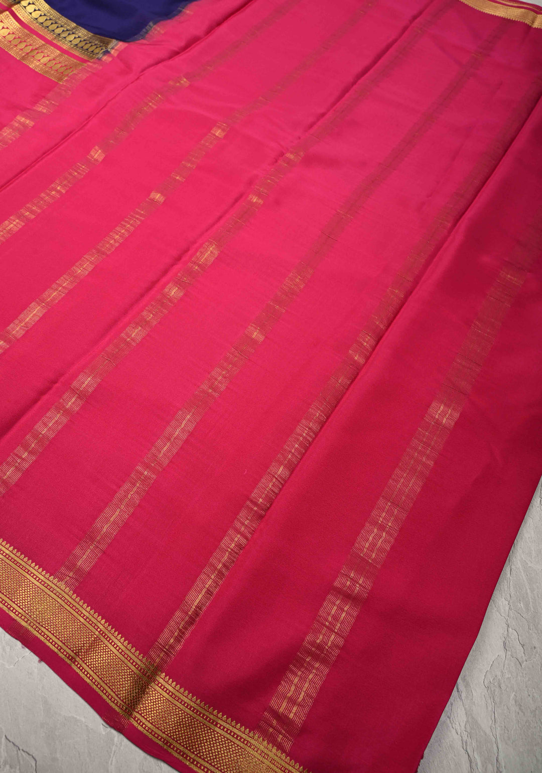 Fuchsia and Ink Blue Mysore Silk Saree with Half Border in KSIC Grade Thickness | SILK MARK CERTIFIED