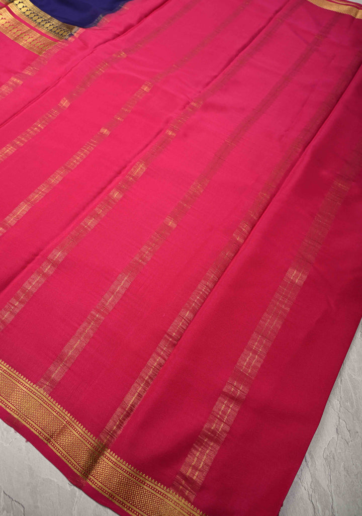 Fuchsia and Ink Blue Mysore Silk Saree with Half Border in KSIC Grade Thickness | SILK MARK CERTIFIED