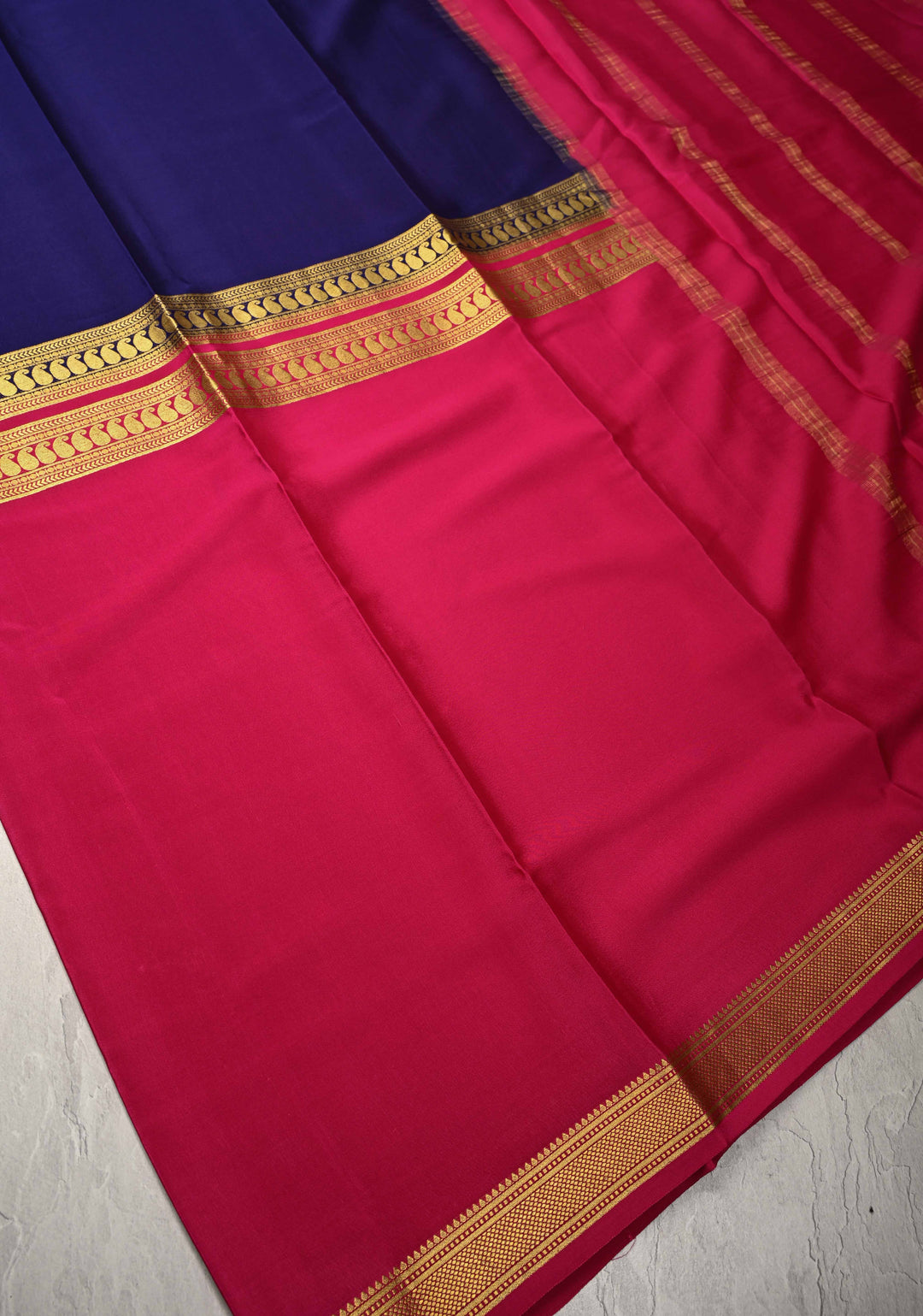 Fuchsia and Ink Blue Mysore Silk Saree with Half Border in KSIC Grade Thickness | SILK MARK CERTIFIED