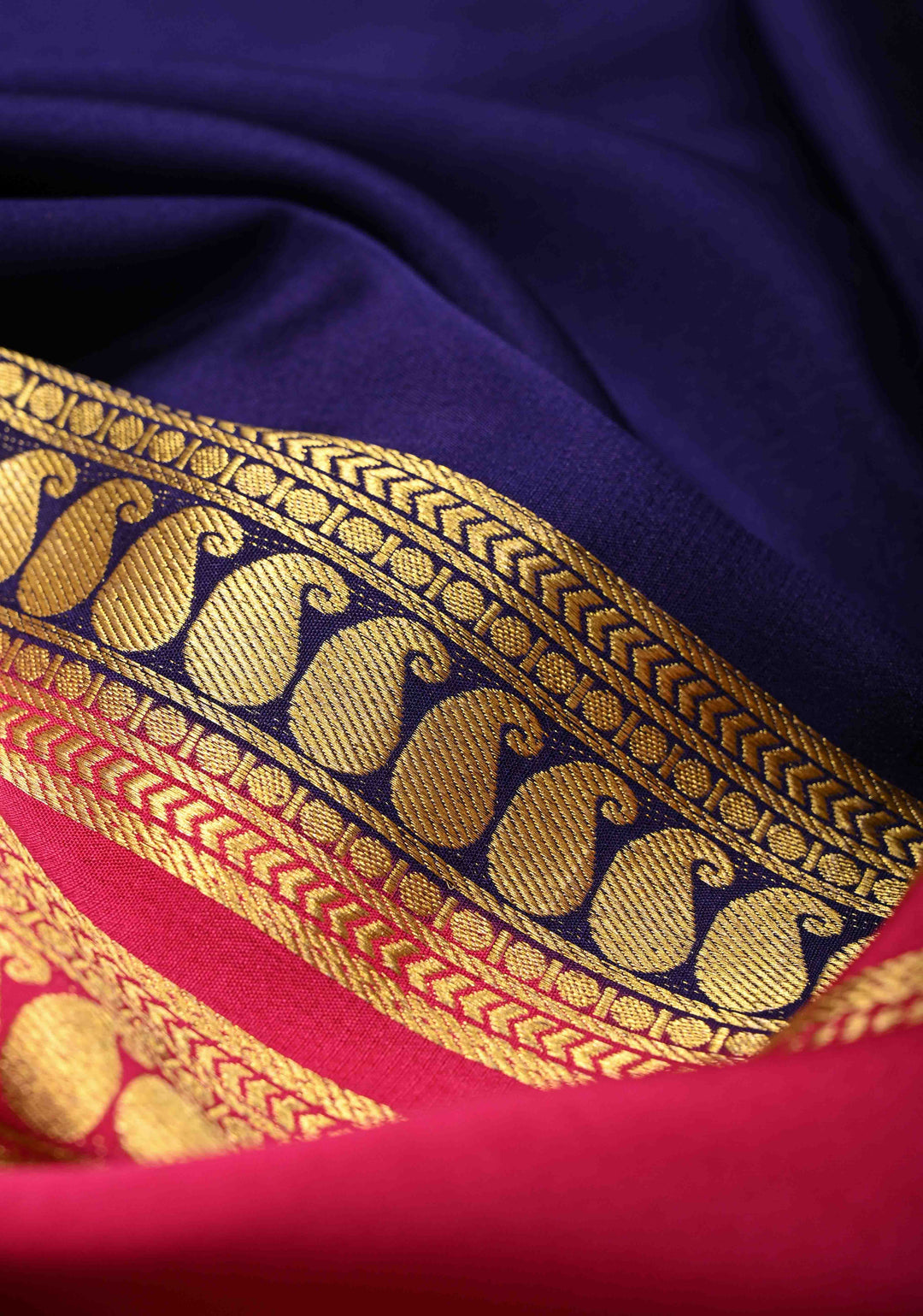 Fuchsia and Ink Blue Mysore Silk Saree with Half Border in KSIC Grade Thickness | SILK MARK CERTIFIED