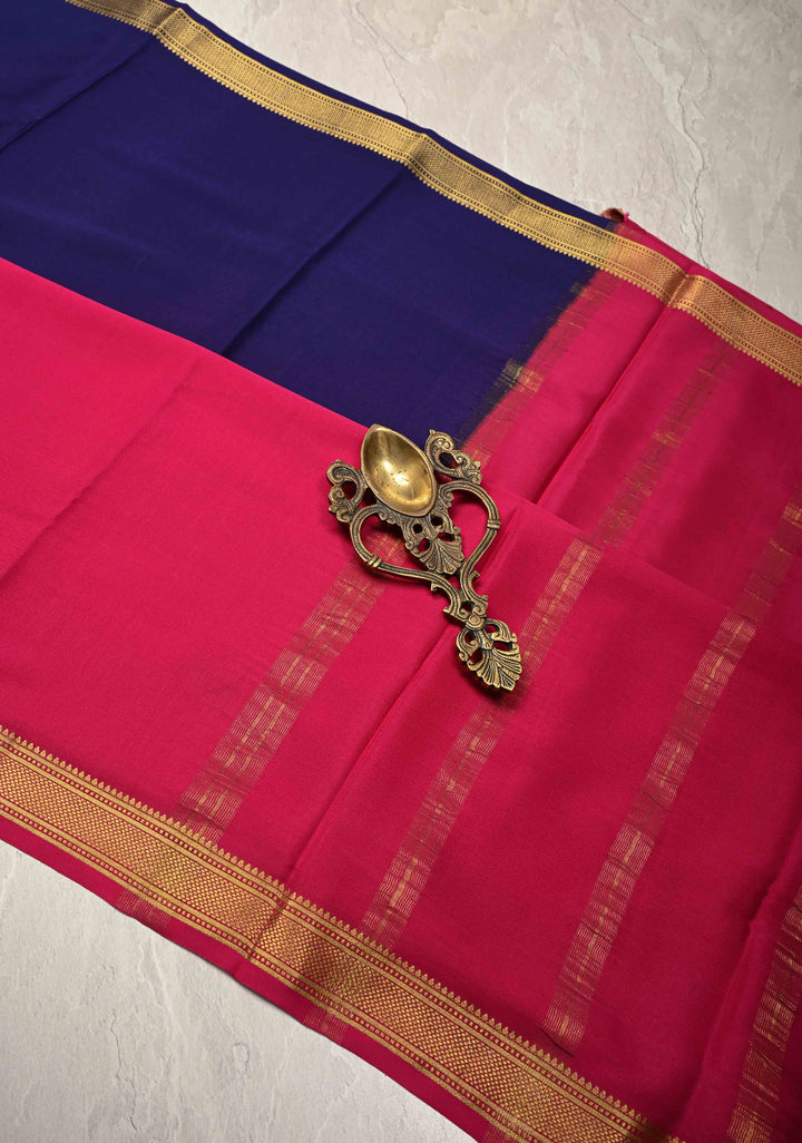 Fuchsia and Ink Blue Mysore Silk Saree with Half Border in KSIC Grade Thickness | SILK MARK CERTIFIED