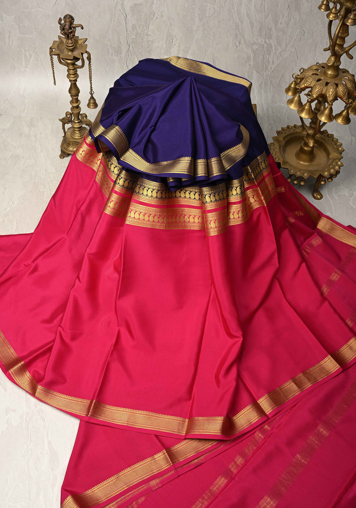 Fuchsia and Ink Blue Mysore Silk Saree with Half Border in KSIC Grade Thickness | SILK MARK CERTIFIED