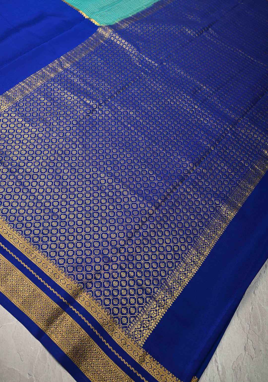Royal Blue Pure Mysore Silk Saree with Podi-Kattam Zari Checks on Turquoise and Zari Border in KSIC Grade Thickness | SILK MARK CERTIFIED