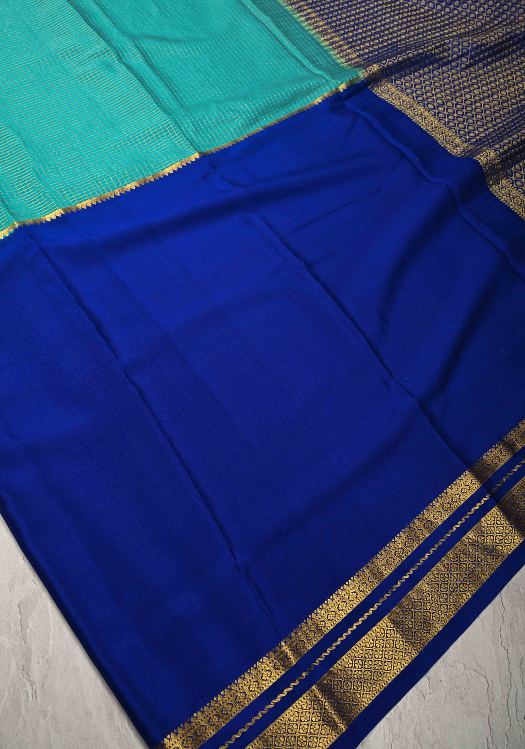 Royal Blue Pure Mysore Silk Saree with Podi-Kattam Zari Checks on Turquoise and Zari Border in KSIC Grade Thickness | SILK MARK CERTIFIED
