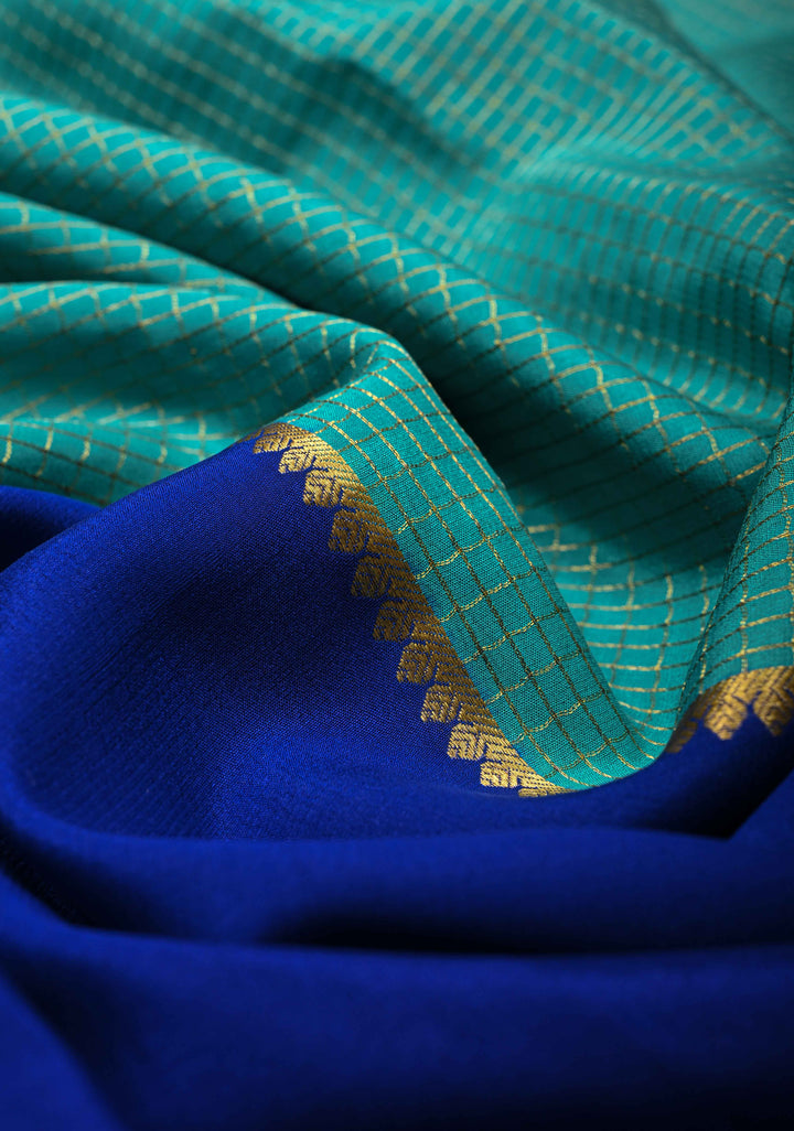 Royal Blue Pure Mysore Silk Saree with Podi-Kattam Zari Checks on Turquoise and Zari Border in KSIC Grade Thickness | SILK MARK CERTIFIED